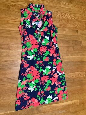 Navy Floral Sleeveless Ruffle Neck Dress - Bright Coral & Kelly Green